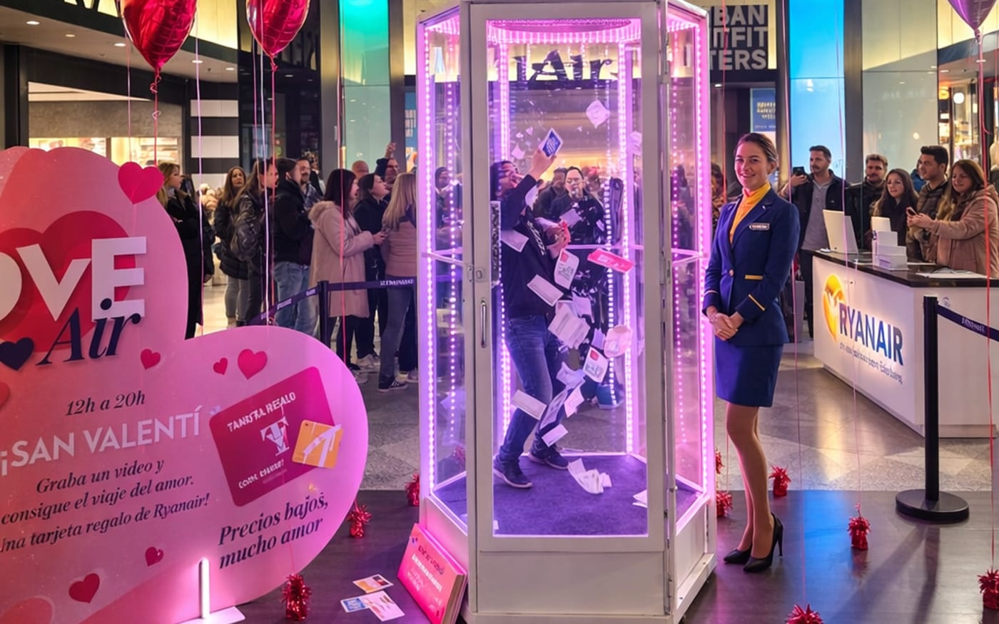 Cabina de viento iluminada en rosa en el pasillo de un centro comercial decorado con globos de corazones