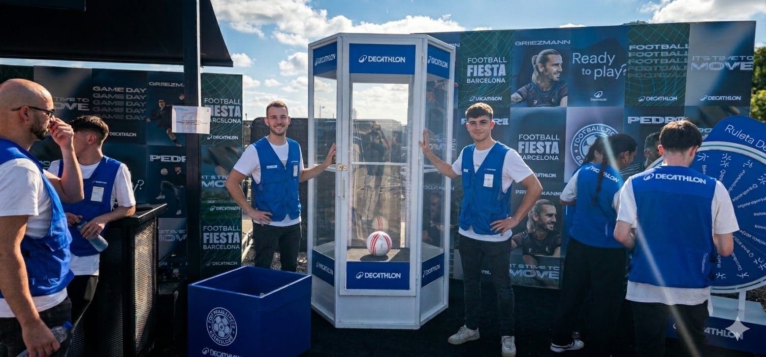 Cabina de viento rotulada para una marca deportiva en un evento al aire libre, con el equipo de sala a los lados